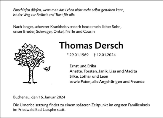 Traueranzeige von Thomas Dersch von Hinterländer Anzeiger