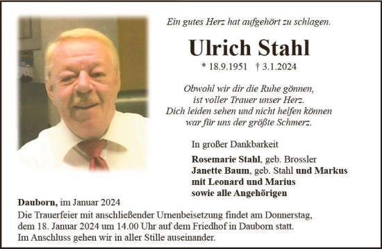 Traueranzeige von Ulrich Stahl von Nassauische Neue Presse