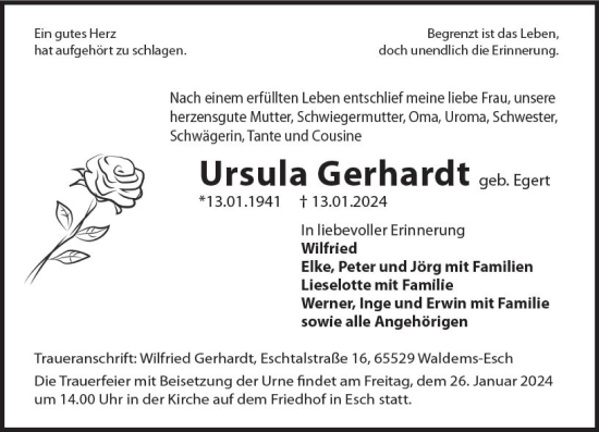 Traueranzeige von Ursula Gerhardt von Camberger Anzeiger