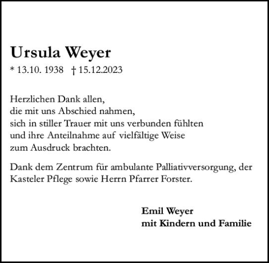 Traueranzeige von Ursula Weyer von Allgemeine Zeitung Mainz