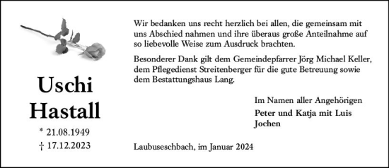 Traueranzeige von Uschi Hastall von Weilburger Tageblatt