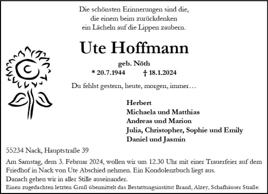 Traueranzeige von Ute Hoffmann von Allgemeine Zeitung Alzey
