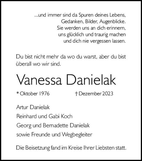 Traueranzeige von Vanessa Danielak von Rüsselsheimer Echo
