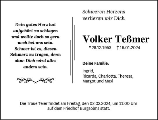 Traueranzeige von Volker Teßmer von Wetzlarer Neue Zeitung