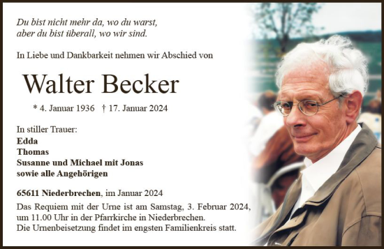 Traueranzeige von Walter Becker von Camberger Anzeiger