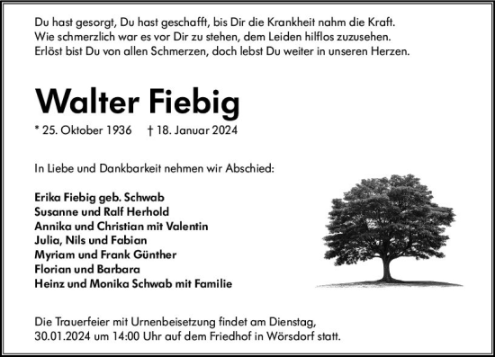 Traueranzeige von Walter Fiebig von Idsteiner Land/Untertaunus
