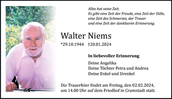 Traueranzeige von Walter Niems von Darmstädter Echo