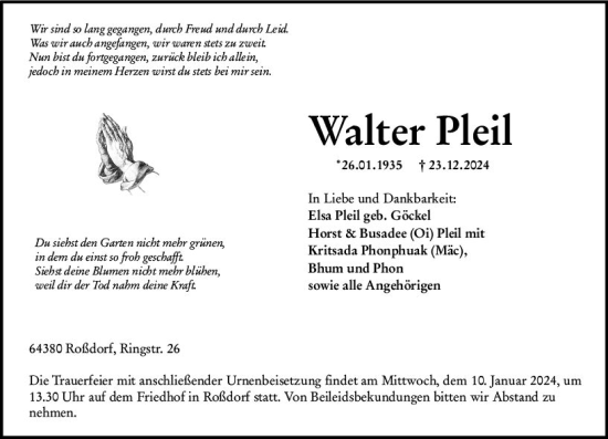 Traueranzeige von Walter Pleil von Darmstädter Echo