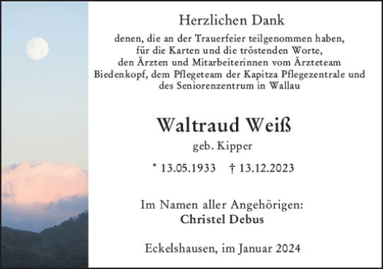 Traueranzeige von Waltraud Weiß von Hinterländer Anzeiger