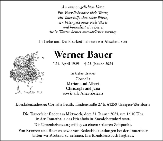 Traueranzeige von Werner Bauer von Wetzlarer Neue Zeitung