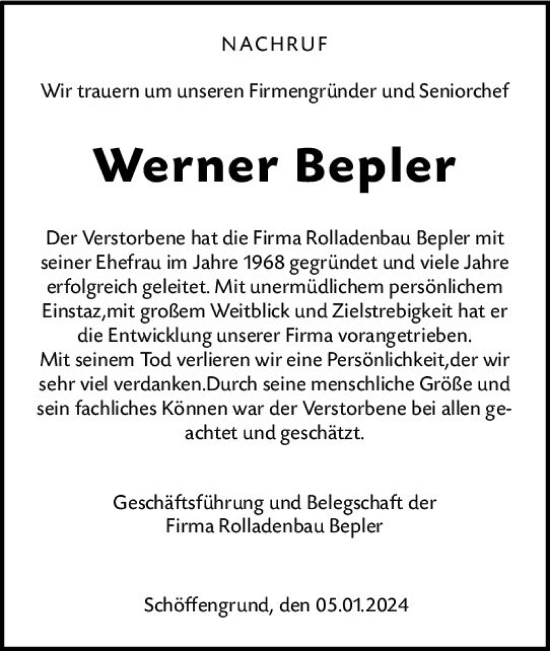 Traueranzeige von Werner Bepler von Wetzlarer Neue Zeitung