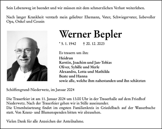 Traueranzeige von Werner Bepler von Wetzlarer Neue Zeitung
