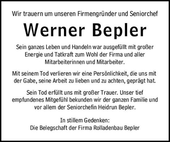 Traueranzeige von Werner Bepler von Wetzlarer Neue Zeitung