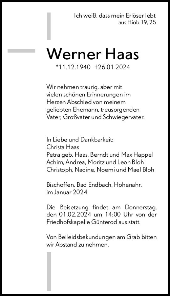 Traueranzeige von Werner Haas von Hinterländer Anzeiger