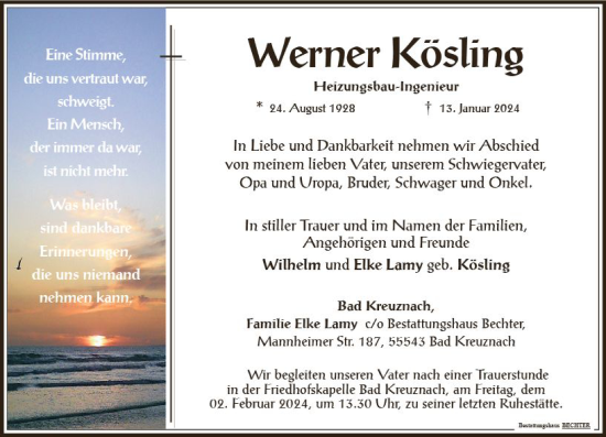 Traueranzeige von Werner Kösling von Allgemeine Zeitung Bad Kreuznach