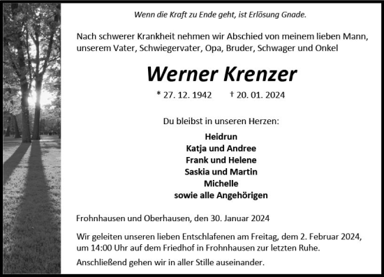 Traueranzeige von Werner Krenzer von Dill Block