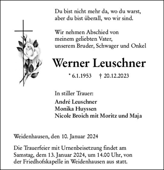 Traueranzeige von Werner Leuschner von Hinterländer Anzeiger