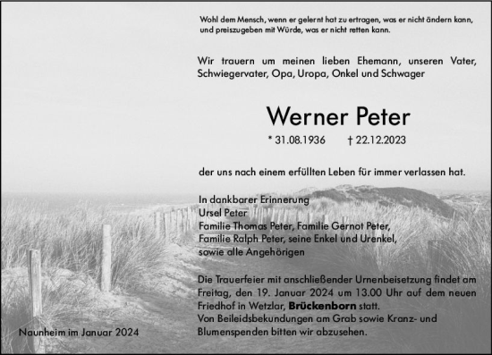 Traueranzeige von Werner Peter von Wetzlarer Neue Zeitung