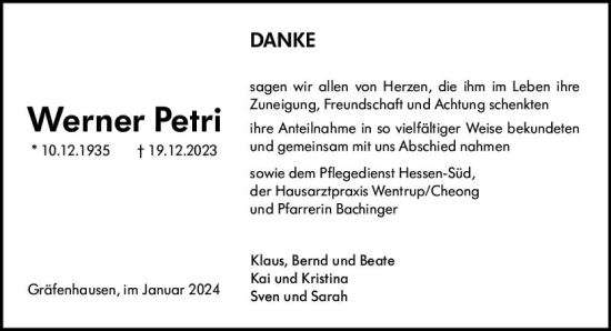 Traueranzeige von Werner Petri von Darmstädter Echo