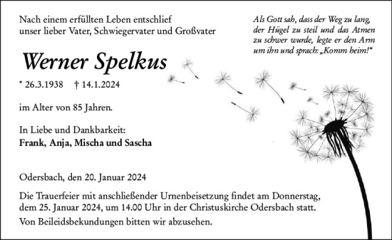 Traueranzeige von Werner Spelkus von Weilburger Tageblatt