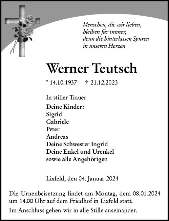 Traueranzeige von Werner Teutsch von Hinterländer Anzeiger