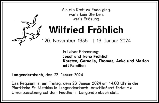 Traueranzeige von Wilfried Fröhlich von Nassauische Neue Presse