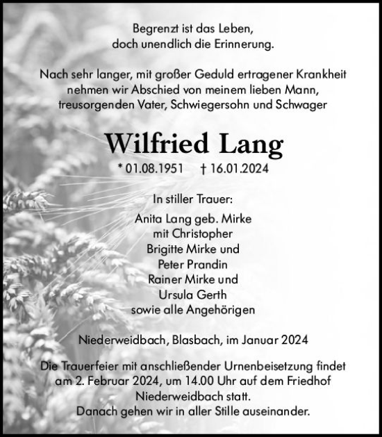 Traueranzeige von Wilfried Lang von Wetzlarer Neue Zeitung