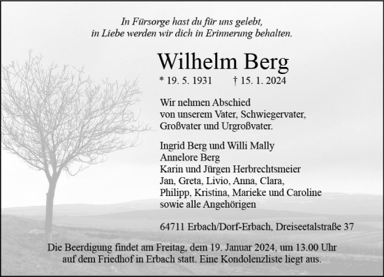 Traueranzeige von Wilhelm Berg von Odenwälder Echo