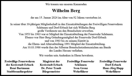 Traueranzeige von Wilhelm Berg von Odenwälder Echo
