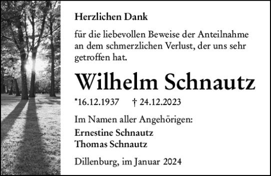 Traueranzeige von Wilhelm Schnautz von Dill Block