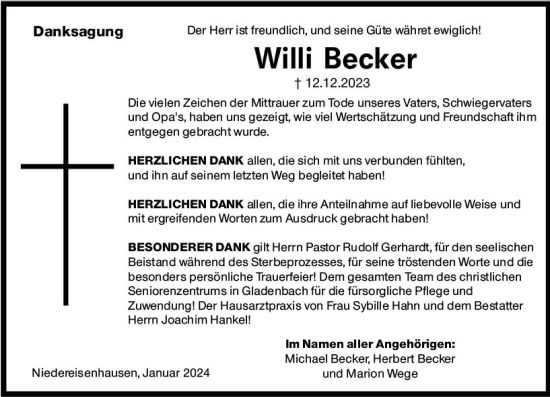 Traueranzeige von Willi Becker von Hinterländer Anzeiger