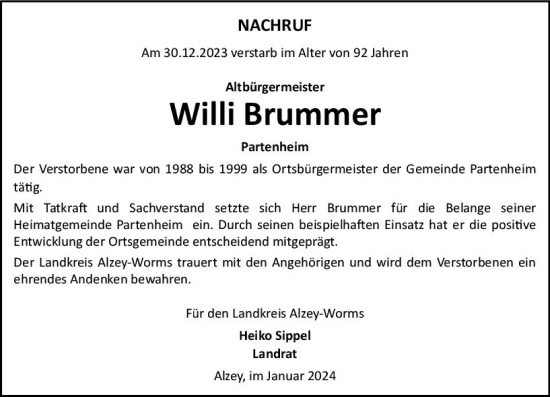 Traueranzeige von Willi Brummer von Allgemeine Zeitung Alzey