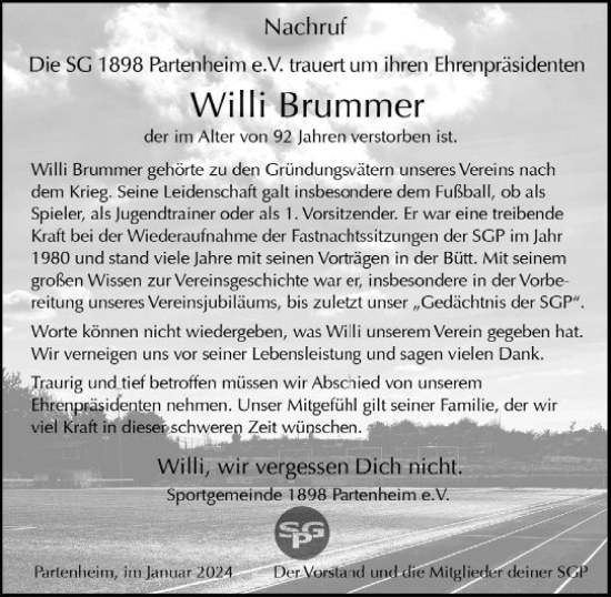 Traueranzeige von Willi Brummer von Allgemeine Zeitung Alzey