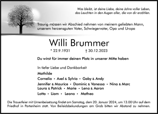 Traueranzeige von Willi Brummer von Allgemeine Zeitung Alzey