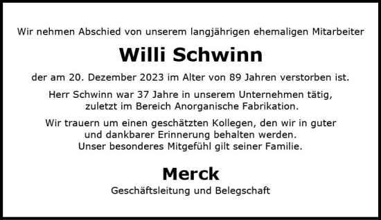 Traueranzeige von Willi Schwinn von Darmstädter Echo