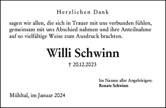 Traueranzeige von Willi Schwinn von Darmstädter Echo