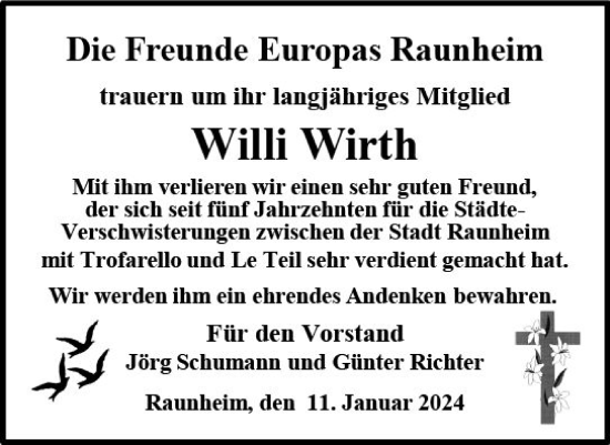 Traueranzeige von Willi Wirth von Rüsselsheimer Echo