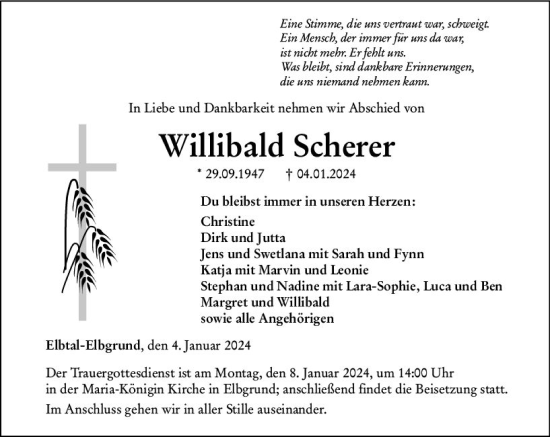 Traueranzeige von Willibald Scherer von Nassauische Neue Presse