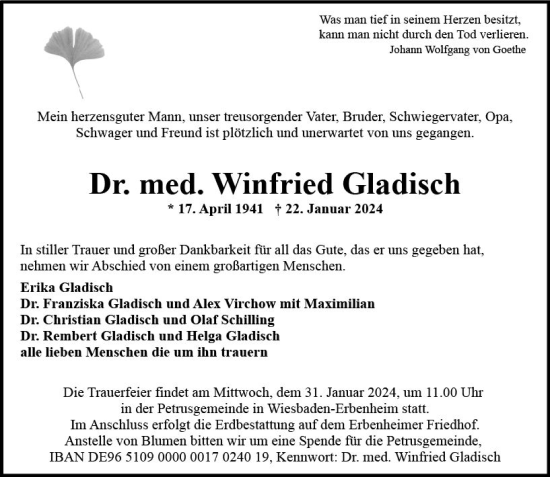 Traueranzeige von Winfried Gladisch von Wiesbadener Kurier