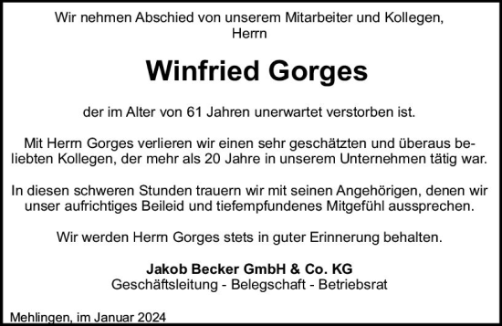 Traueranzeige von Winfried Gorges von Wormser Zeitung