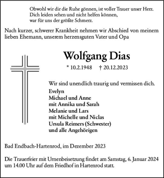 Traueranzeige von Wolfgang Dias von Hinterländer Anzeiger