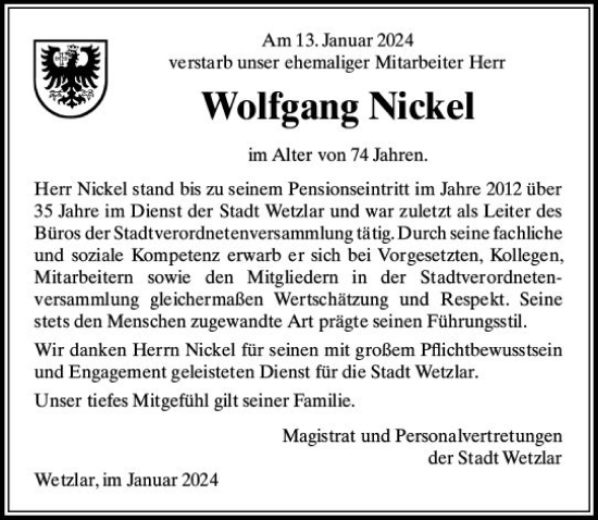 Traueranzeige von Wolfgang Nickel von Wetzlarer Neue Zeitung