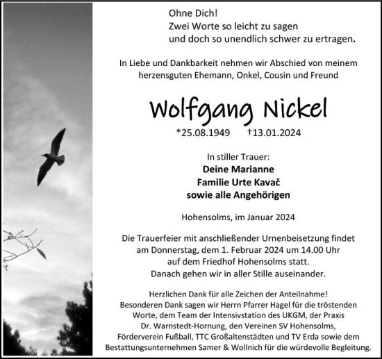 Traueranzeige von Wolfgang Nickel von Wetzlarer Neue Zeitung