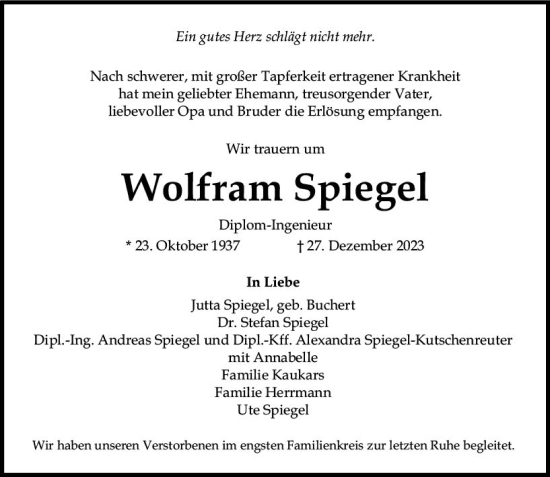 Traueranzeige von Wolfram Spiegel von Allgemeine Zeitung Mainz