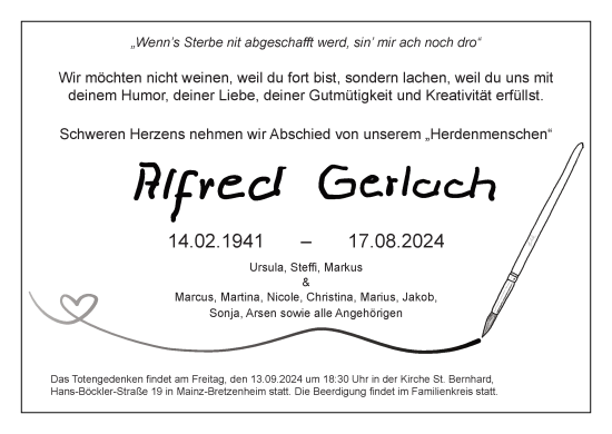 Traueranzeige von Alfred Gerlach von Allgemeine Zeitung Mainz