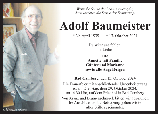 Traueranzeige von Adolf Baumeister von Camberger Anzeiger