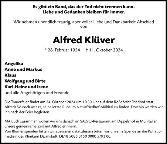 Traueranzeige von Alfred Klüver von Darmstädter Echo
