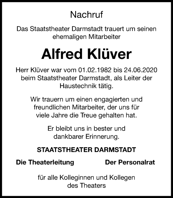 Traueranzeige von Alfred Klüver von Darmstädter Echo