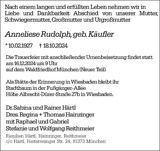Traueranzeige von Anneliese Rudolph von Wiesbadener Kurier