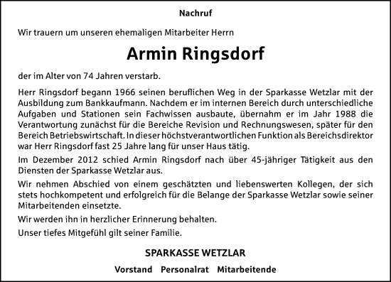 Traueranzeige von Armin Ringsdorf von Wetzlarer Neue Zeitung